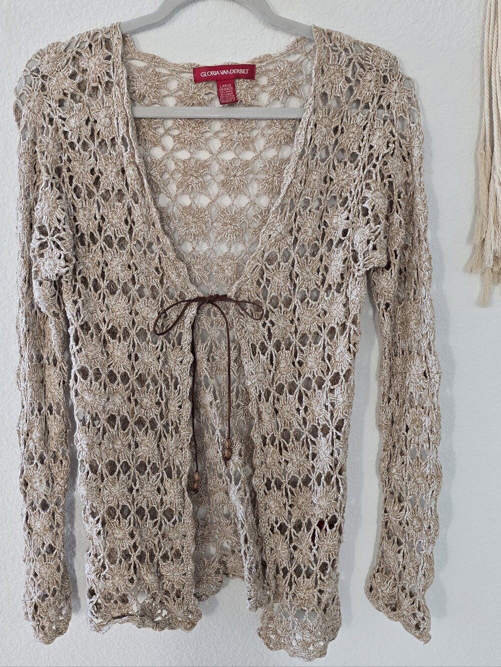 GLORIA VANDERBILT Beige Cotton Blend Crochet Style Sweater Top Boho Y2k Western